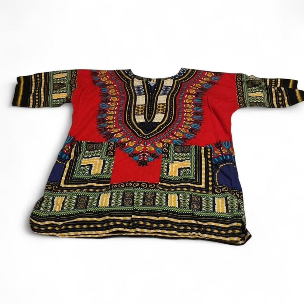 Advance Dashiki Tunic Top‎ Women Small Red Cotton African Print V-Neck Excellent